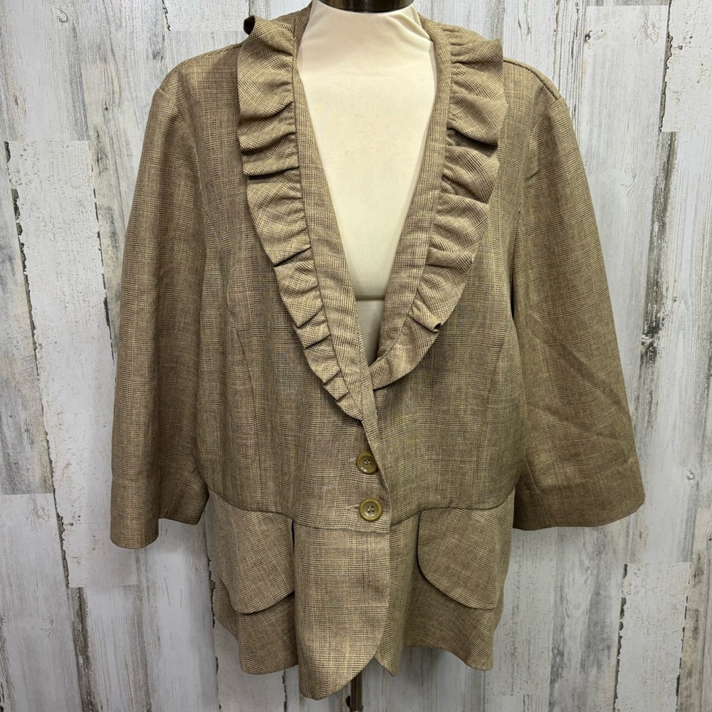 T. Milano Vintage Plus Size Ruffle Collar Taupe Blazer
